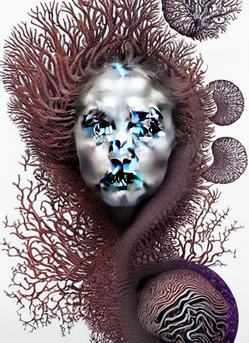 Image similar to ridiculously beautiful young womans face, layers of intricate swirling fractals of 3 d coral and jellyfish skin, blooming, portals into dimensions, coral, birds, symmetrical, in the style of ernst haeckel, effervescent, sacred geometry, surrealism, photo realistic, epic and cinematic, 3 d, clear, sharp,