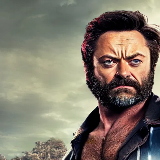 Image similar to portrait of x - men's wolverine played by nick offerman, photorealistic logan marvel movie still, detailed 8 k, poster style, high resolution