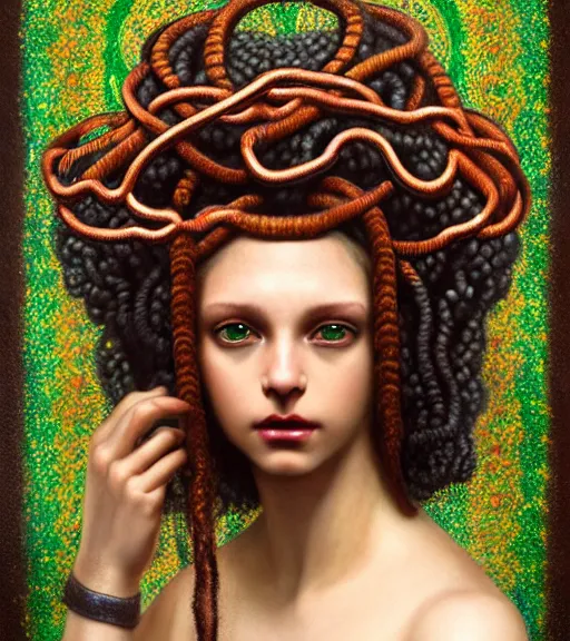 Prompt: portrait of alopecia naughty teen medusa, cobras grow from her head, wearing an embroidered rusty tunic, dark background, intricate, elegant, copper and emerald jewelry, glowing lights, highly detailed, digital painting, artstation, concept art, smooth, sharp focus, illustration, art by wlop, mucha, artgerm, and greg rutkowski