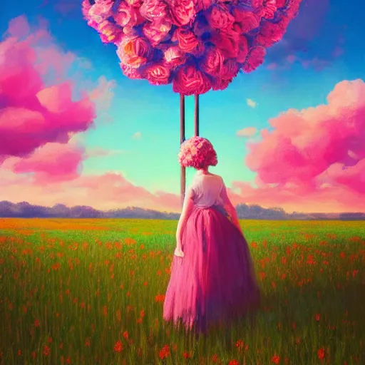 Image similar to girl with a giant carnation head, surreal photography, flower field, sunset dramatic light, impressionist painting, colorful clouds, blue sky, digital painting, artstation, simon stalenhag