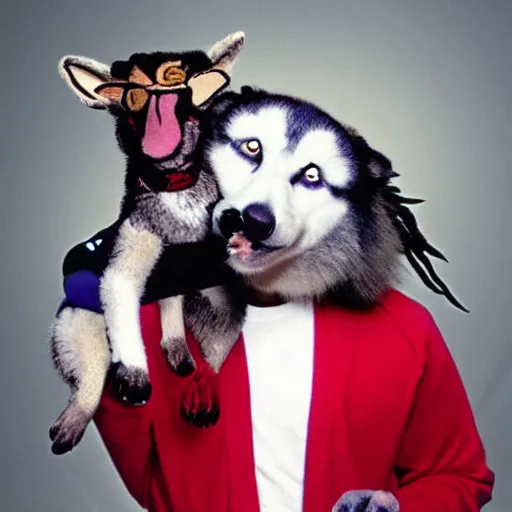 Prompt: anthropomorphic husky holding Snoop Dogg for a 1990s sitcom tv show, Studio Photograph, portrait, C 12.0