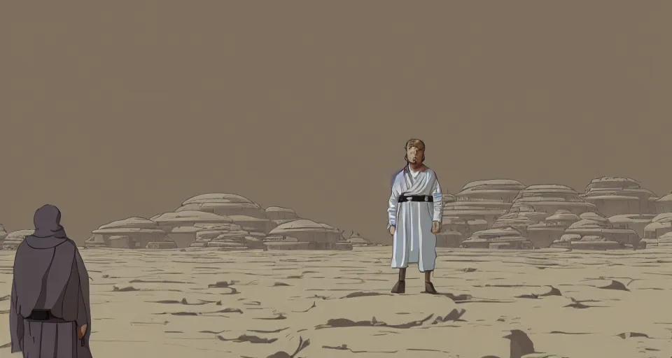 Prompt: wide shot tatooine landscape obi wan in Star Wars a new hope 1977 by studio ghibli, Miyazaki, animation, highly detailed, 70mm