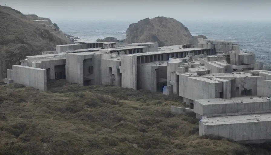 Image similar to big brutalist imperial military base on cliffs, drawing architecture, very long shot, top angle, imperial architecture in rogue one, pritzker architecture prize, brutalism architecture, jan urschel, roger deakins, greig fraser