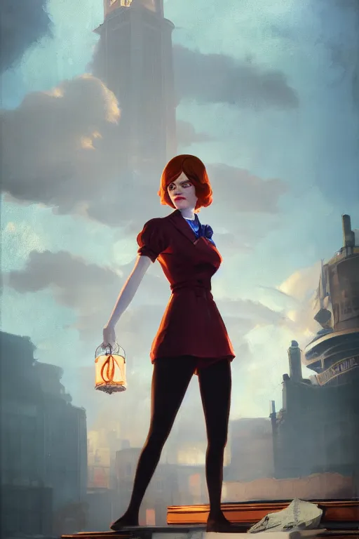 Image similar to a portrait of emma stone, bioshock infinite setting, vivid colors, soft lighting, atmospheric, cinematic, moody, in the style of ilya kuvshinov and range murata, krenz cushart, rule of thirds, oil on canvas, 8 k