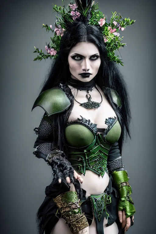 Prompt: very beautiful female orc top model, dark green hair and skin, wearing valentin yudashkin gothic victorian armor with leaves and flowers, luxury materials, symmetrical, cinematic, elegant, professional studio light, real dlsr photography, sharp focus, 4 k, ultra hd, sense of awe, high fashion