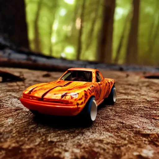 Image similar to macro photography of a toy hot wheels car driving through a forest fire, 3 5 mm