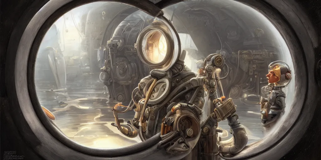 Image similar to highly detailed portrait painting of welder and angelina joile, mono single eye in porthole, by eddie mendoza and tyler edlin, 8 k resolution