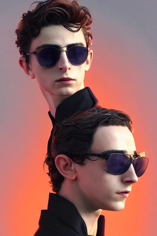 Prompt: Timothee Chalamet in MATRIX wearing futuristic clothes, portait photo, profile picture, hyperrealistic, concept art, orange sunglasses, day time, octane render, unreal engine 5, digital art, high quality, highly detailed, 8K, cute, defined face, elegant clothes, trending on DeviantArt