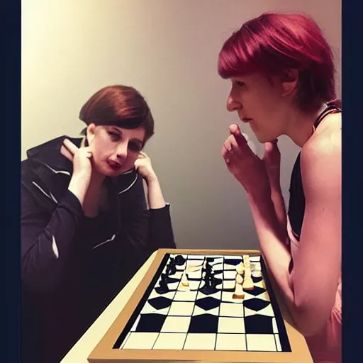 Image similar to 3 0 - year - old actress megan mccarthy playing chess against 3 0 - year - old actress nana visitor at world chess championship 1 9 8 4, digital art by ruan jia and mandy jurgens and artgerm, highly detailed, trending on artstation, award winning