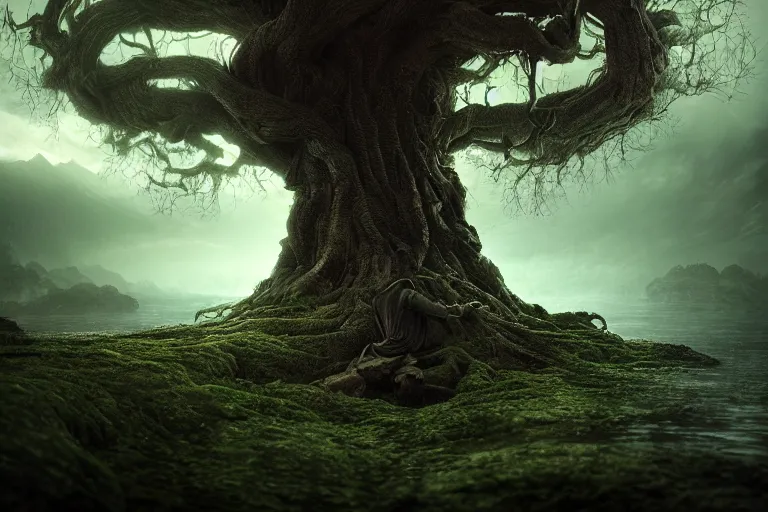 Image similar to an ultra realistic, cinematic headshot portrait, of an evil tree wizard, background of a vast serene landscape, with trees and rivers, detailed, deep focus, movie still, dramatic lighting, ray tracing, by michal karcz and yoshitaka amano