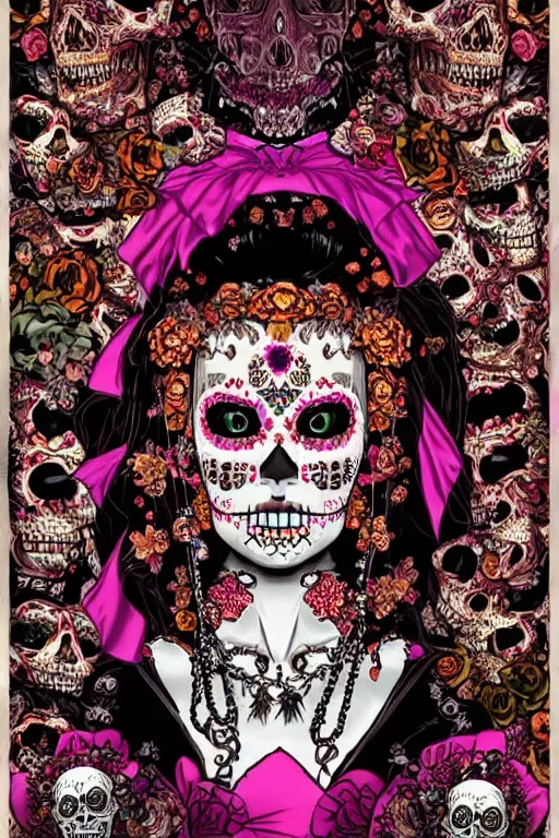 Prompt: baroque bedazzled gothic royalty frames surrounding a pixelsort emo demonic horrorcore Japanese Illustration of a sugar skull day of the dead girl, art by satoshi kon, sharpened early computer graphics, remastered chromatic aberration