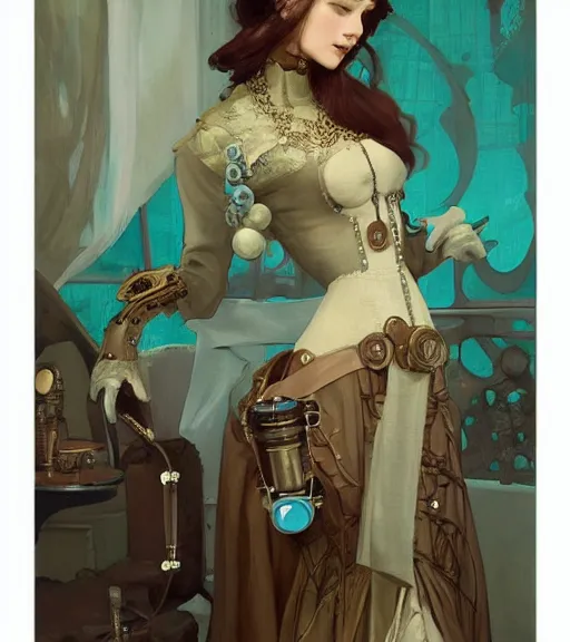 Image similar to woman model, steampunk clothes, neutral colors, cyan light, in a bedroom!!!!!!!!!!!!!!!!!!!!, elegant, highly detailed, digital painting, artstation, concept art, smooth, sharp focus, illustration, art by krenz cushart and artem demura and alphonse mucha