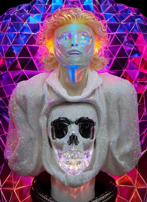 Image similar to photo of fullbodied baroque and bladerunner delicate neon diamond sculpture of seductive ceramic albino marble prince andres sanjuan dotado creamy orange iridescent humanoid deity wearing white fluffy hoody holding diamond skull in a black metallic dungeon, reclining, glowing rainbow face, crown of white diamonds, cinematic lighting, photorealistic, octane render 8 k depth of field 3 d