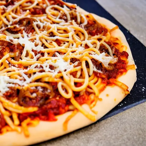 Prompt: spaghetti and fries on pizza