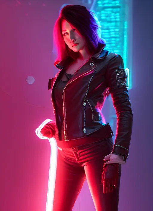 Image similar to pretty young woman with shoulder length shiny shimmering dark red hair and wearing a stuffed leather jacket with the glow of neon lights illuminating her, path traced, highly detailed, high quality, digital painting, by cd projekt red, cyberpunk,