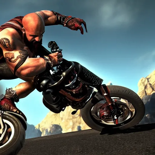 Image similar to kratos jumping a black harley - david motorcycle off a cliff