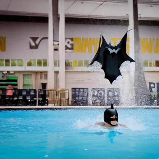 Image similar to batman doing a dive in the local pool