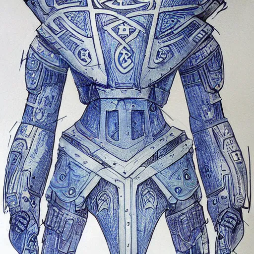 Prompt: blue board blueprint with lots of annotations of legs of an ornate armour covered in runic tattoos, Travis Charest style