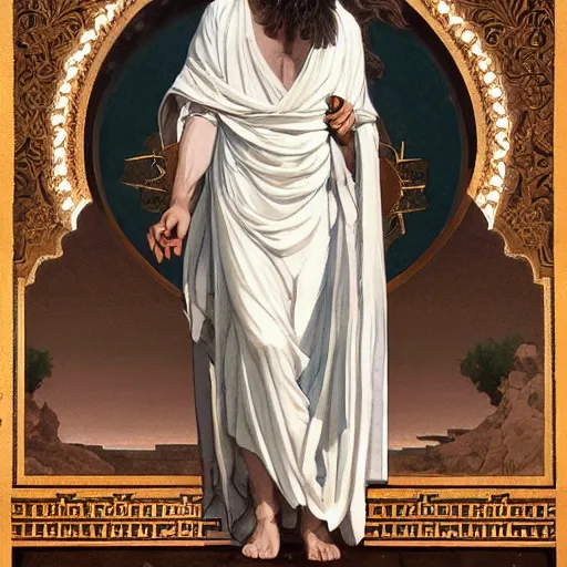 Prompt: a detailed illuminated manuscript of a ridiculously good looking jesus that looks like a jewish gigachad, long curly hair, elegant ancient greek dress, very detailed, coast as the background, beautiful, intricate, cinematic, artstation, william bouguereau, alphonse mucha, greg rutkowski, rossdraws, octane render