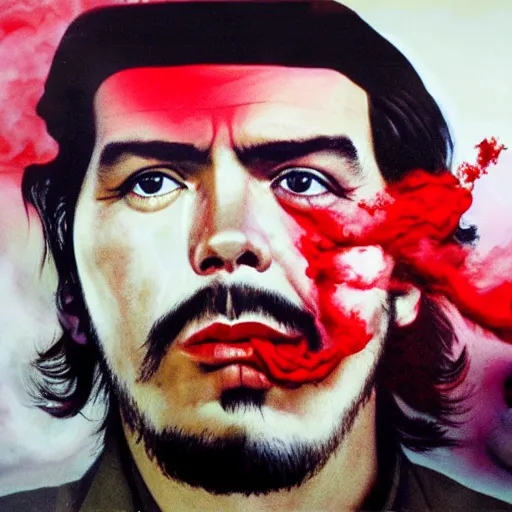 Image similar to colour masterpiece surreal closeup portrait photography of che guevara by miho hirano and annie leibovitz and michael cheval, red and white smoke background, 8 k