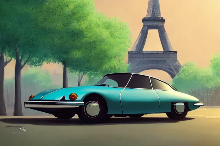 Image similar to a wholesome animation key shot of!! one!! focused! 1 9 7 4 citroen ds! in a tree lined paris street with a view of eiffel tower, medium shot, studio ghibli, ( pixar ) and disney animation, sharp, very detailed, high resolution, rendered in unreal engine 5, anime key art by greg rutkowski, bloom, dramatic lighting
