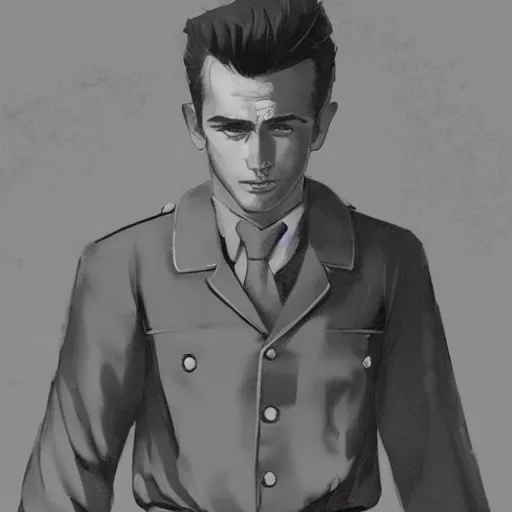 Image similar to a highly detailed epic cinematic concept art CG render digital painting artwork costume design: young James Dean as a well-kept neat perfect formal student in a 1950s USSR school uniform. By Greg Rutkowski, Ilya Kuvshinov, WLOP, Stanley Artgerm Lau, Ruan Jia and Fenghua Zhong, trending on ArtStation, made in Maya, Blender and Photoshop, octane render, excellent composition, cinematic atmosphere, dynamic dramatic cinematic lighting, cinematic colors, aesthetic, very inspirational, arthouse