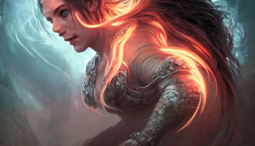 Image similar to paladin, furious gorgeous woman, face covered in dirt, lord of the rings ,neon, fibonacci, sweaty, dynamic action pose, insane, intricate, highly detailed, digital painting, artstation, concept art, smooth, sharp focus, illustration, Unreal Engine 5, 8K, art by artgerm and greg rutkowski and alphonse mucha