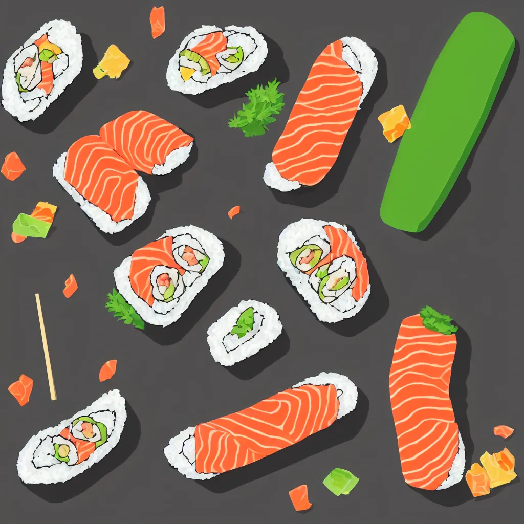 Prompt: a detailed digital vector illustration of a sushi roll in the shape of a S letter