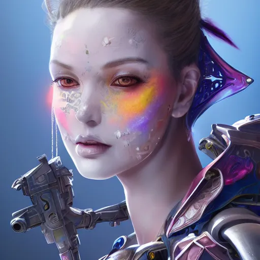 Image similar to studio portrait of lawful good colorful female holy mecha paladin absurdly beautiful, elegant, young sensual graceful woman, ultrafine hyperrealistic detailed face illustration by kim jung gi, irakli nadar, intricate linework, sharp focus, bright colors, matte, octopath traveler, final fantasy, unreal engine highly rendered, global illumination, radiant light, intricate environment