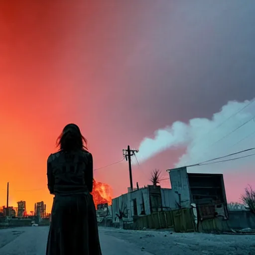 Prompt: rebel woman standing in front of a post apocalyptic city with burning red sky