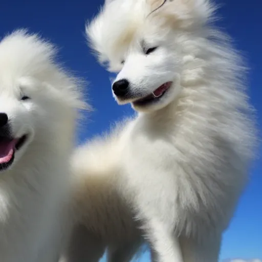 Prompt: two samoyeds playing together in the clouds, high up in the sky