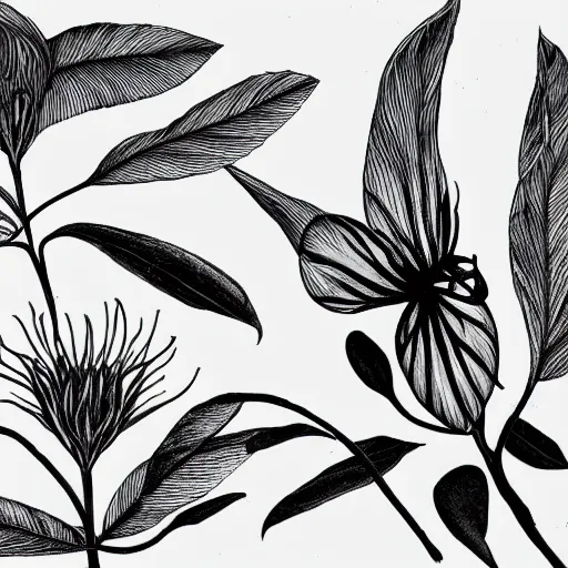 Image similar to fly, black and white, botanical illustration, black ink on white paper, bold lines