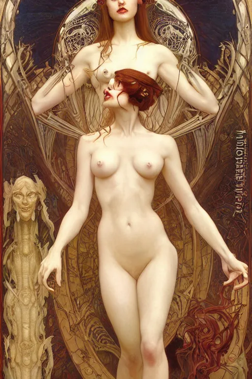 Image similar to masterpiece painting of beautiful infernal succubus girl by donato giancola, h. r. giger and tom bagshaw, face by artgerm and edmund leighton, background by james jean and alphonse mucha, 8 k, gothic horror, majestic, volumetric lighting, porcelain skin, art deco, trending on pixiv