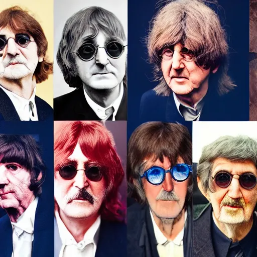 Prompt: old john lennon, george harrison, paul mccartney, ringo starr at age 9 0 years old, color ( sony a 7 r iv, symmetric balance, polarizing filter, photolab, lightroom, 4 k, dolby vision, photography award ), vogue, perfect face