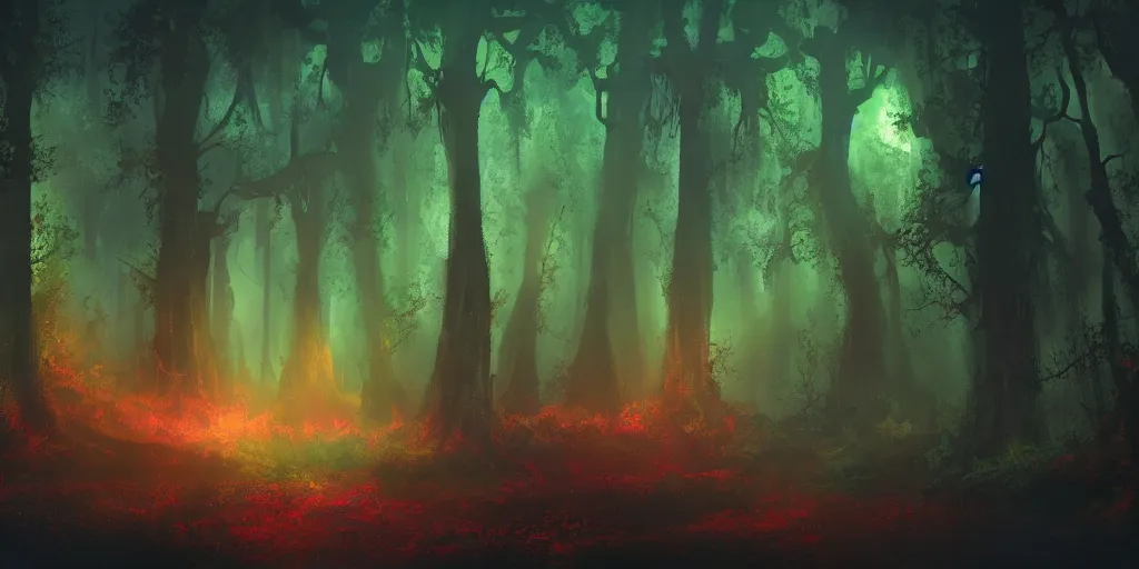 Image similar to beautiful matte painting of a colorful fantasy dark forest at night