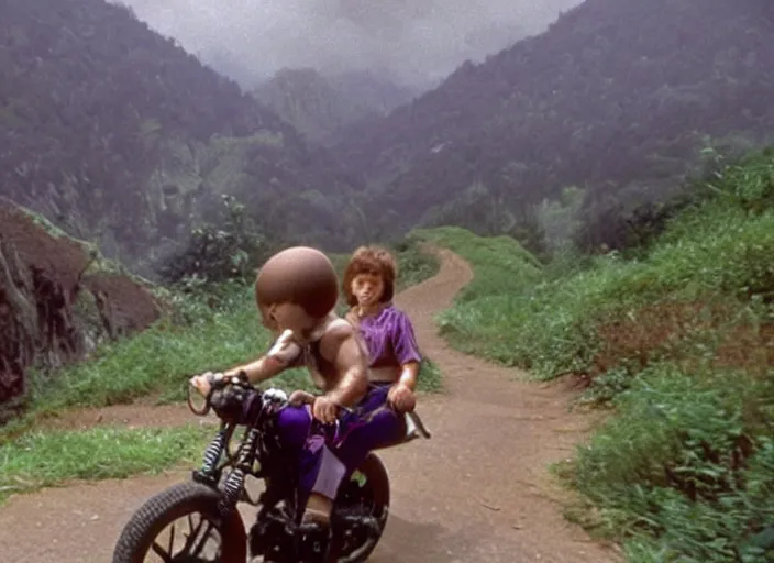 Image similar to film still of thanos riding a small childrens bike down a steep mountain road in the goonies 1 9 8 5