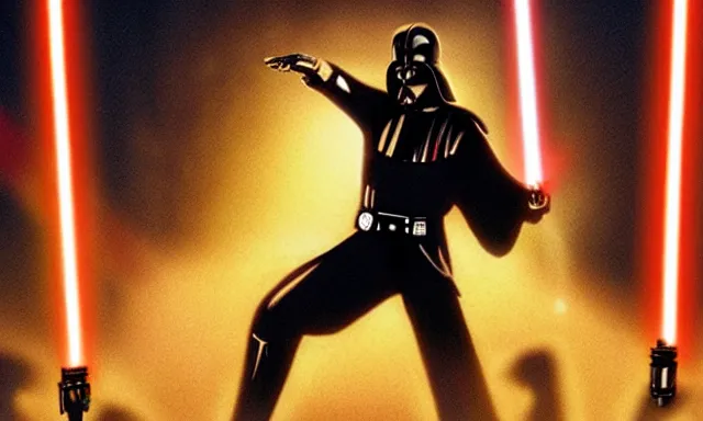 Image similar to full shot photograph of super jesus christ defeating darth vader, using a cross - shaped gold lightsaber, photorealistic, cinematic lighting, extremely detailed, star wars