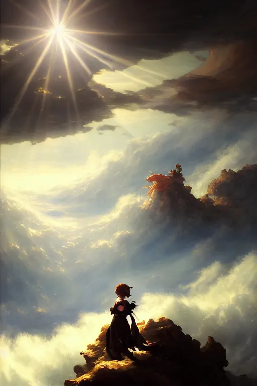 Image similar to baroque oil painting of anime key visual concept art of anime! wanderer above the sea of fog 1 8 1 8 with anime maid in armor set in grimdark fantasy, sunrays breaking through clouds, award winning, trending on artstation, palette knife! and brush strokes, oil on canvas, makoto shinkai greg rutkowski studio ghibli