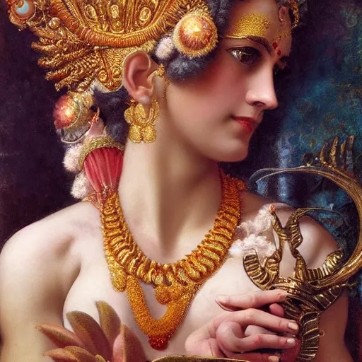 Prompt: hindu goddes with horns in baroque style, craig mullins, j. c. leyendecker, lights, art by ernst haeckel, john william godward, hammershøi,,