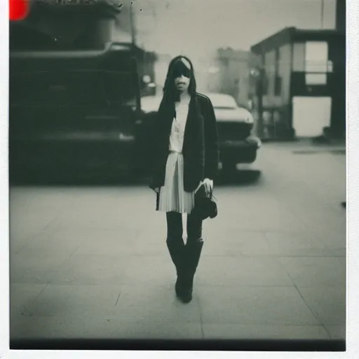 Image similar to instant photograph of a woman smoking in the streets, polaroid, rule of thirds, nostalgic, modern clothing, raw, light leak