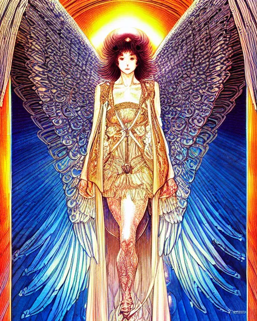 Prompt: hyper detailed illustration of an angel made of light, very holy, intricate linework, lighting poster by moebius, ayami kojima, 90's anime, retro fantasy