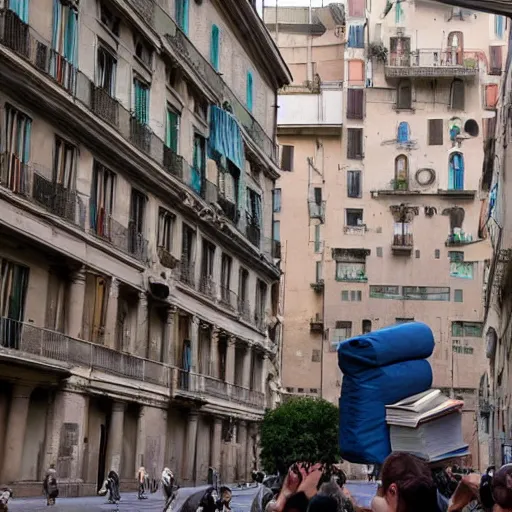 Prompt: backpack full of books gigant in the city of genoa. enormous backpack. cinematic. realistic.
