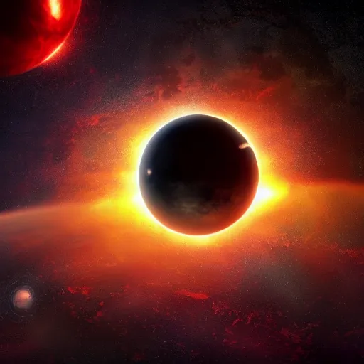 Prompt: a metal planet orbiting a dying sun in space, cosmoc, galaxy, futuristic, gothic, sci-fi, brutalism, hyperdetailed, Cinematic, Kinemacolor, Massive, Artstation, 8k