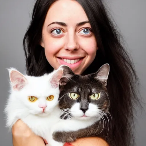 Prompt: a girl with long dark hair, her face is a mix between aubrey plaza, krysten ritter, lucy hale and maisie williams, she is holding a cat in her arms, a stock photo by juan villafuerte, pexels contest winner, high quality photo, rtx, hd, shiny eyes