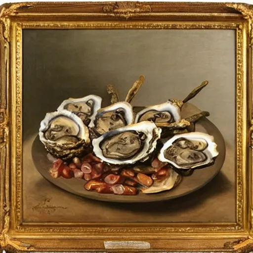 Prompt: painting of plentiful cornucopia of oysters by dutch master, trending on artstation, award - winning, timeless, art institute of chicago collection, met collection