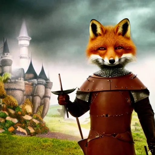 Image similar to anthropomorphic fox who is a medieval knight holding a sword towards a stormy thundercloud 1 9 3 0 s film still, fantasy castle in the background