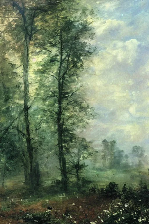 Image similar to moody painting of tiny purple morning glory flowers vining and growing in a forest dimly lit by morning light. foggy volumetric lighting, muted colour palette oil painting on canvas, john constable