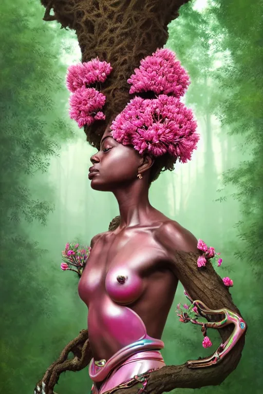 Prompt: hyperrealistic neo - rococo cinematic super expressive! yoruba goddess with exoskeleton armor, merging with tree in a forest, pink red flowers, highly detailed digital art masterpiece, smooth cam de leon eric zener dramatic pearlescent soft teal light, ground angle hd 8 k, sharp focus