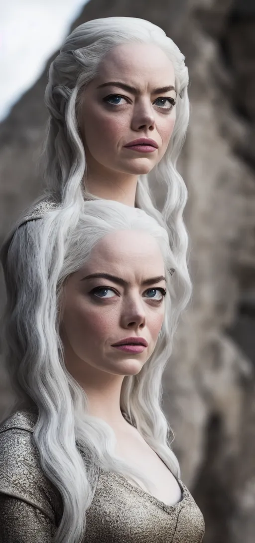 Image similar to Emma Stone as Daenerys Targaryen, XF IQ4, 150MP, 50mm, F1.4, ISO 200, 1/160s, natural light