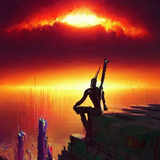 Image similar to a cyberpunk zulu warrior sitting on a cliff watching a meteor fall to earth from a distance, by alena aenami and android jones and greg rutkowski, Trending on artstation, hyperrealism, elegant, stylized, highly detailed digital art, 8k resolution, hd, global illumination, radiant light, detailed and intricate cyberpunk ghetto environment, rendered in octane, oil on canvas, wide angle, dynamic portrait